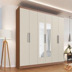 Guarda Roupa Casal 6 Portas 3 Gavetas Mônaco Com Espelho Nogueira - Off White
