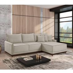Sofá Linho 3 Lugares 264cm com Chaise Lado Direito e Kit Usb Barra Creme