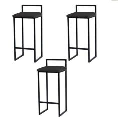 Kit 3 Banquetas Altas Estofadas Suede Pietra Base Preta - JOTABE, cinz