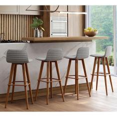Kit 4 Banquetas Altas Luxo Linea Aço Cobre Linho Cinza Cinza