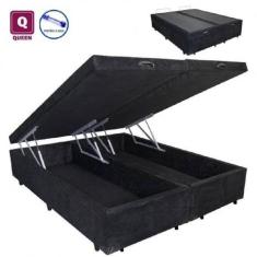 Cama Box queen size com Bau Pistão a gás preto suede Bipartido - 158x198x27