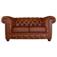 Sofá 2 Lugares Sala de Estar Chesterfield com Pés Madeira Couro Conhaq