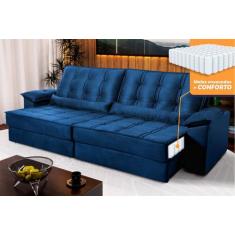 Sofá Retrátil Reclinável 2,50m Ascari Suede Velut Azul Marinho molas E