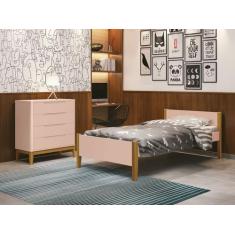 Cama Solteiro Simba Rosa Fosco com Pés em Madeira - Reller