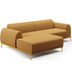 Sofá 3 Lugares com Chaise Esquerdo Para Sala de Estar Molino 230cm D02 Base Castanho Pés D`ouro Prime Bouclê Mostarda PB-03 - Lyam Decor