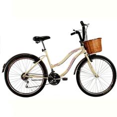 Bicicleta Retrô Vintage Aro 26 18v Feminina Beach Bege com Cestinha