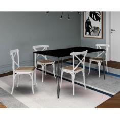 Jogo de Mesa Elen Retangular Tampo de Madeira 140x80cm Preto com 4 Cad