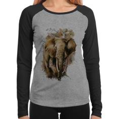 Baby Look Raglan Elefante Watercolor Manga Longa - Foca na Moda, Cinza