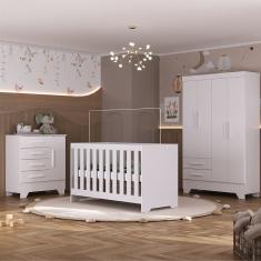 Quarto de Bebê com Guarda Roupa 4 Portas 2 Gavetas Cômoda 4 Gavetas 1 Porta e Berço 3 em 1 Catavento Maya Rodial