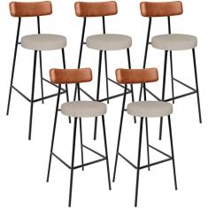 Kit 05 Banquetas Alta Bar Cozinha Sala De Jantar Milão L02 Couríssimo Camel Linho Bege - Lyam Decor