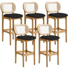 Kit 05 Banquetas Altas Para Cozinha Bancada Sala Tela Betta Fixa L02 Suede Preto - Lyam