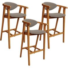Kit 3 Banquetas Alta Cecília L02 Madeira De Eucalipto Assento Tecido Bouclê Bege Lyam Decor
