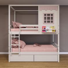 Beliche Casinha Reta Com 02 Gavetas Madeira Maciça Branco/ Rosa Housin