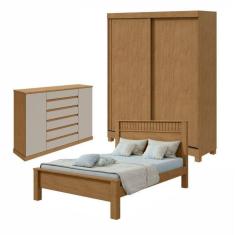 Quarto com Guarda-Roupa Casal 2 Portas 2 Gavetas, Cômoda 2 Portas 7 Gavetas e Cama Athenas Amêndoa Clean/Off White