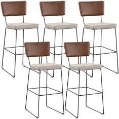 Kit 05 Banqueta Alta Cozinha Allana L02 Marrom Linho Cru