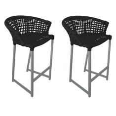 Kit 2 Banquetas Reis em Corda Náutica e Base em Alumínio Cinza para Área Gourmet - Externa Preta