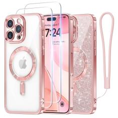 Meifigno Capa projetada para iPhone 16 Pro Max de 6,9 polegadas, [cartão de glitter e alça de pulso] [compatível com MagSafe] [2 protetores de tela] Proteção de lente levantada Surround projetada para