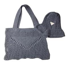 Bolsa Sacola Crochê + Chapéu Bucket Hat - Kit Artesanal Praia Primavera Verão (Preto)