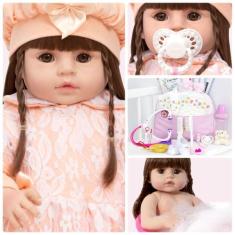 Boneca Reborn Barata Cabelo Castanho Fofa Kit 24 Itens Luxo - Cegonha 