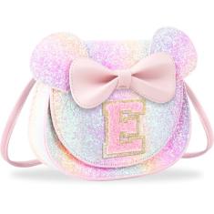 Presentes de aniversário para meninas de 2, 3, 4, 5, 6, 7, 8, 9 e 10 anos de idade, bolsa infantil infantil para meninas pequenas com laço de orelha de rato personalizado, Grande-glitter-pinkletter,