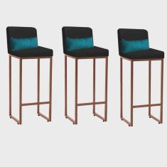 Kit 03 Banqueta Alta com Encosto Lucca Industrial Cozinha Balcão Ferro Bronze Suede Preto e Almofada Azul Turquesa - Ahazzo Móveis