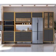 Cozinha Modulada Completa 5 Peças 11 Portas e Vidro Reflecta 349cm 100% MDF Vicenza Espresso Móveis Amêndoa/Cinza