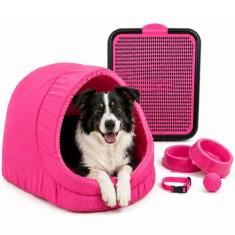 Kit Cama Toca Iglu Pet Grande Sanitário Comedouro Coleira Bolinha - Su