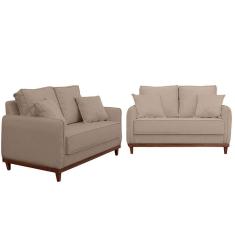 Kit Sofa Sena 2 E 3 Lugares Base De Madeira Para Sala Hotel Linho Bege