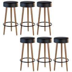 Kit 6 Banquetas Estofada Com Pés De Madeira Couríssimo Preto