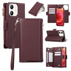 Capa carteira para iPhone 11, bolso com zíper magnético [destacável] capa de couro flip com 6 compartimentos para cartão e 1 compartimento para dinheiro, [bloqueio RFID] capa com alça de pulso e