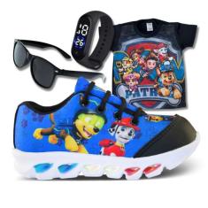 Tênis de Led Infantil Masculino Patrulha Canina + Camisa + Relógio + Ó