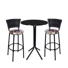 Jogo de 2 Banquetas Preta Junco Preto Assento Floral Marrom com Bistro Preto