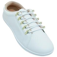 Tênis Feminino Moleca Brilho Cravejado Napa Floather, Branco, Dourado,
