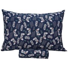Jogo De Cama Solteiro Portallar Malha Misto Estampado Game Blue 2 Pçs Com Elástico Azul