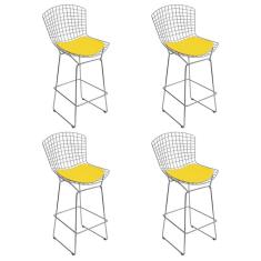 Kit 4 Banquetas Alta Bistrô Bertoia Cromada D80 Com Assento Sintético Amarelo