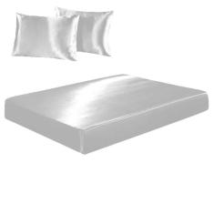 Jogo De Lençol Casal Queen Cetim Seda Branco Brilho 3 Peças