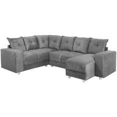 Sofá de Canto 5070 com Chaise 5 Lugares Suede e Almofadas Soltas Cinza