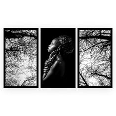 Kit 3 Quadros Decorativos Grandes com MOLDURA Mulher Africana Galhos Secos Preto e Branco