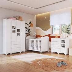 Quarto de Bebê Completo com Guarda Roupa 4 Portas com Janelas Cômoda e Berço 100% MDF Mimo Espresso Móveis Branco Brilho