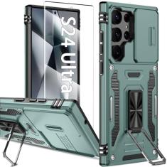 KTUOHU Capa para Samsung Galaxy S24 Ultra com capa deslizante para câmera + protetor de tela, capas de telefone resistentes à prova de choque de grau militar com suporte de anel para Samsung S24 Ultra
