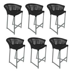 Kit 6 Banquetas Reis em Corda Náutica e Base em Alumínio Cinza para Área Gourmet - Externa Preta