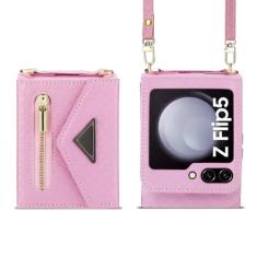 Bolsa crossbody caso de telefone para samsung galaxy z flip 5 4 3 5g flip4 flip5 cartões capa de couro correia feminina, rosa, para galaxy z flip 5