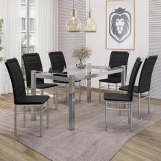 Conjunto Sala de Jantar Mesa Tampo de Vidro 6 Cadeiras Aço Tokio Yesca