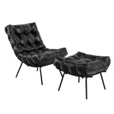 Poltrona e Puff Decorativos Sala de Estar Costela Base Preta Couro Pre