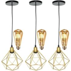 3 Pendentes Aramado Diamante Luminária Lustre Retrô Balcão + 3 Lâmpada