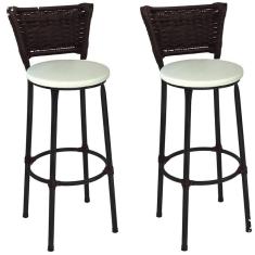 Kit 2 Banquetas Médias Preta com Encosto Junco Argila Assento Branco