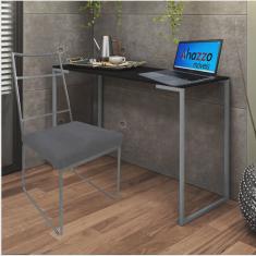 Kit Escritório Stark Cadeira e Mesa Industrial Ferro Prata Tampo mdf Freijó Corino Cinza - Ahz Móveis