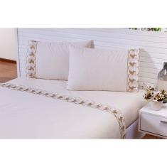 Jogo Lençol 4 Peças Cama Viúva Bordado Palha Com Caqui