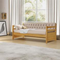 Bicama Solteiro Verona Mona Imbuia Estofado Capitonê Veludo Bege Acomp