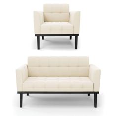 Sofá Namoradeira E Poltrona Base De Madeira Preto Elisa Veludo D03 - D'rossi Cor Bege